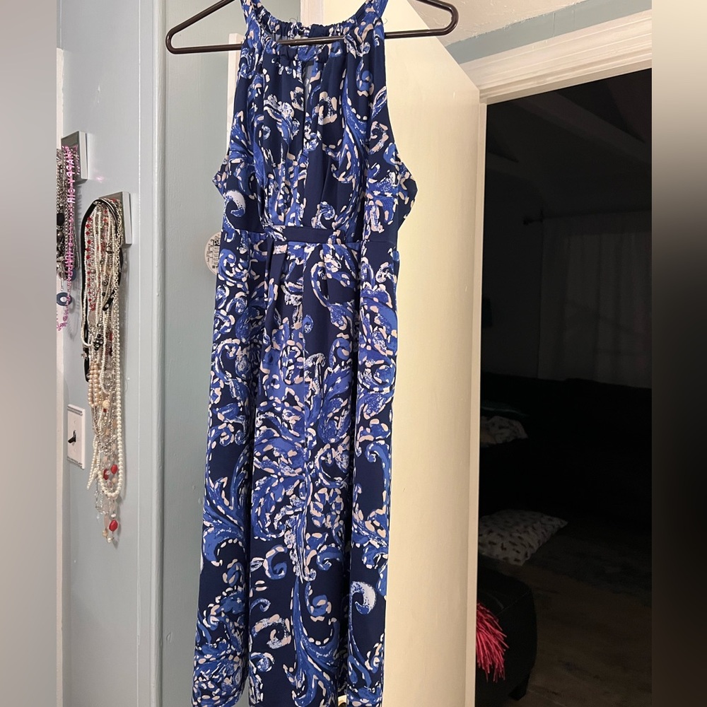 INC Navy, periwinkle blue and white print. Halter sundress w/keyhole.